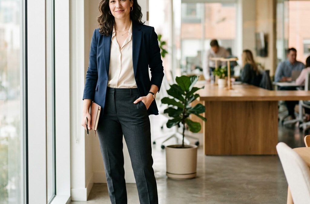 Frau im Business-Casual-Look mit Blazer und Stoffhose im modernen Buero