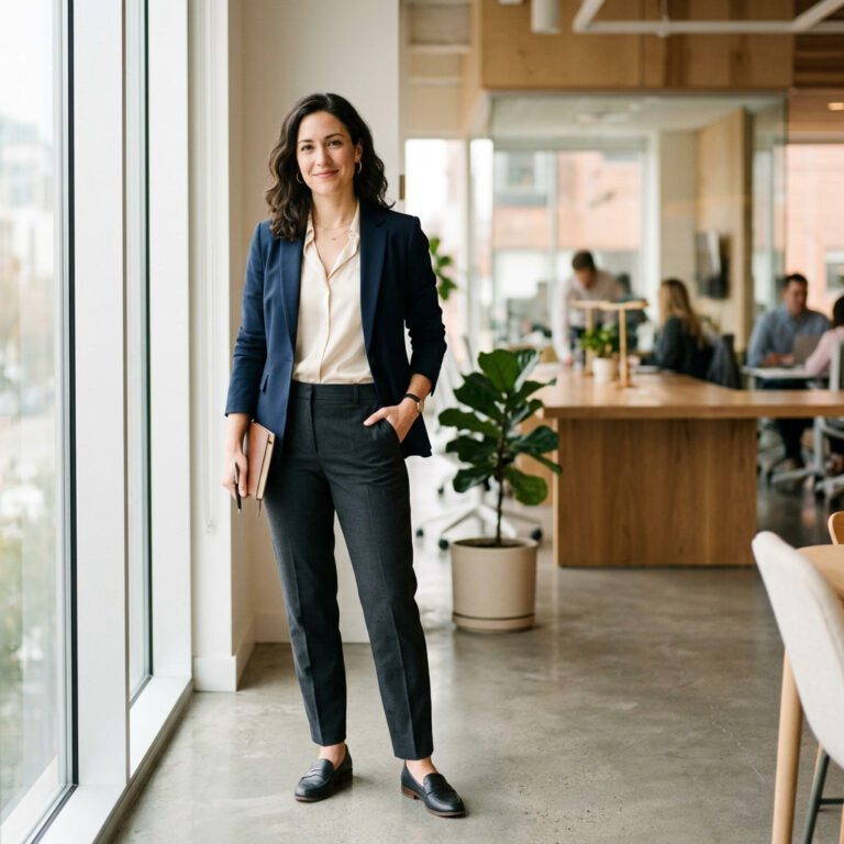 Frau im Business-Casual-Look mit Blazer und Stoffhose im modernen Buero