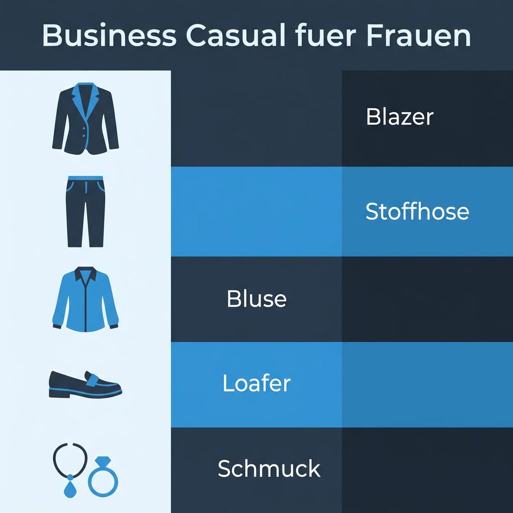 Infografik: Fuenf Basisteile fuer Business Casual bei Frauen – Blazer, Stoffhose, Bluse, Loafer, Schmuck