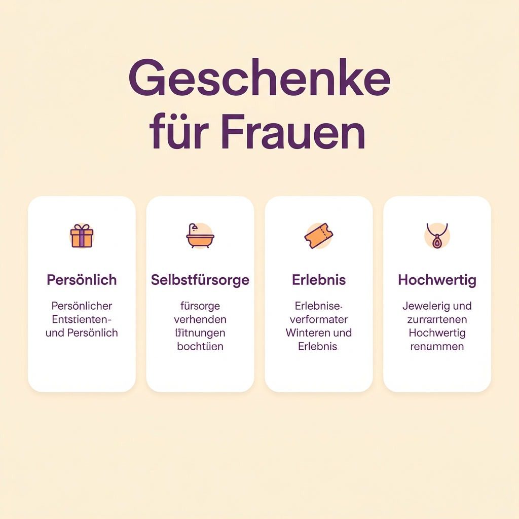 Infografik mit vier Geschenke-Kategorien für Frauen: Persönlich, Selbstfürsorge, Erlebnis, Hochwertig
